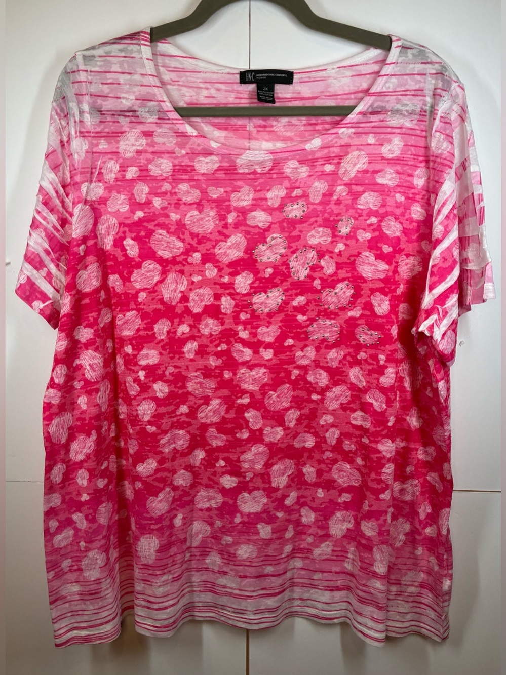 INC International Concepts Pink Heart Print Rhinestone Short Sleeve Top Size 2X